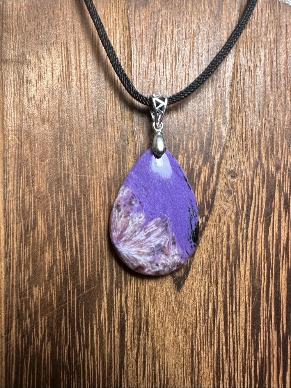 Charoite Teardrop Necklace on Sterling Silver Bail and Black Rope